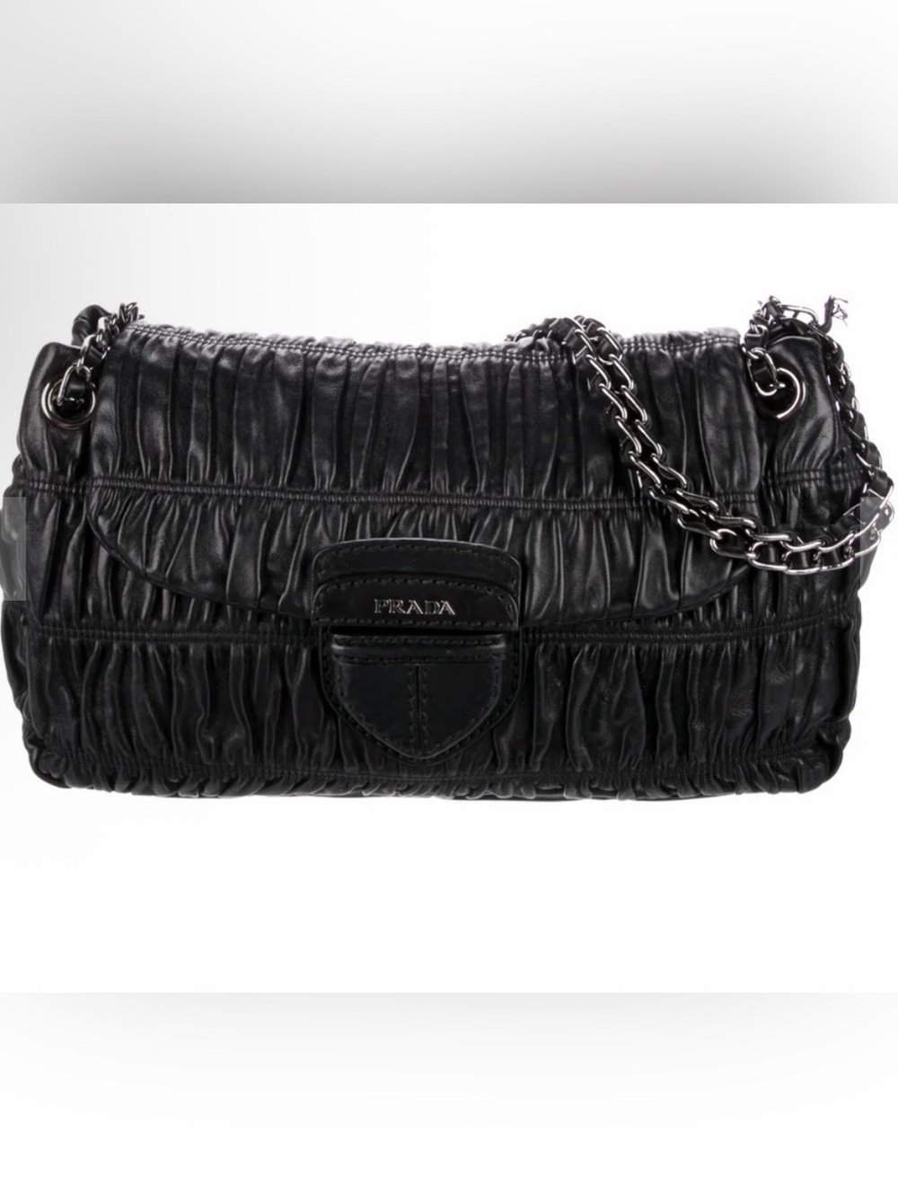 Prada Black Ruched Leather Shoulder Bag with Chain Detail